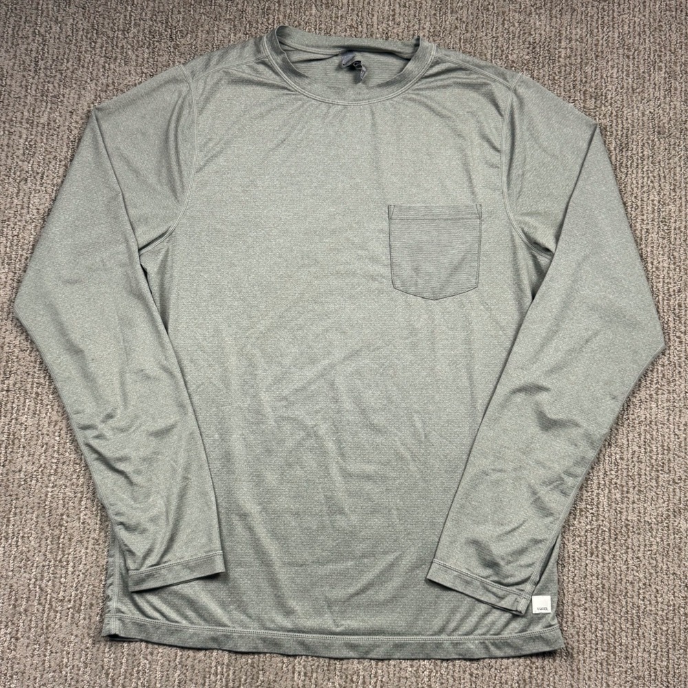 Vuori Mens Long Sleeve Performance Shirt Heather Green Pocket Crew Neck Medium